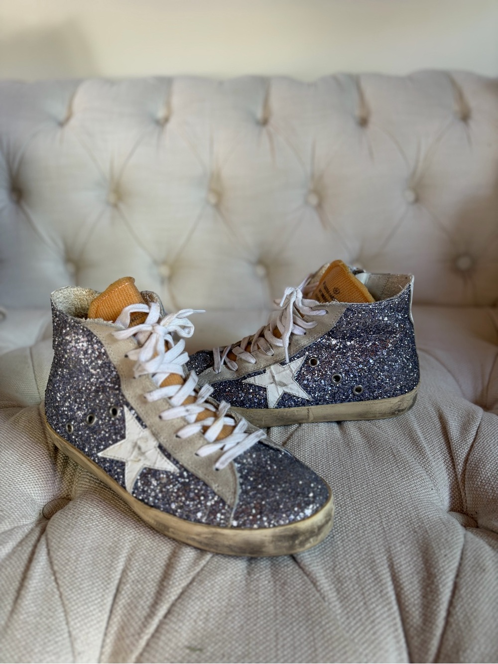 Golden Goose-Style Women's High-Top Glitter Sneakers in Blue Silver